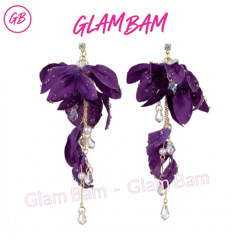 Purple Fabric Flower‎ Tassel Drop Earrings Faux Pearl Gold Tone Silver Needle